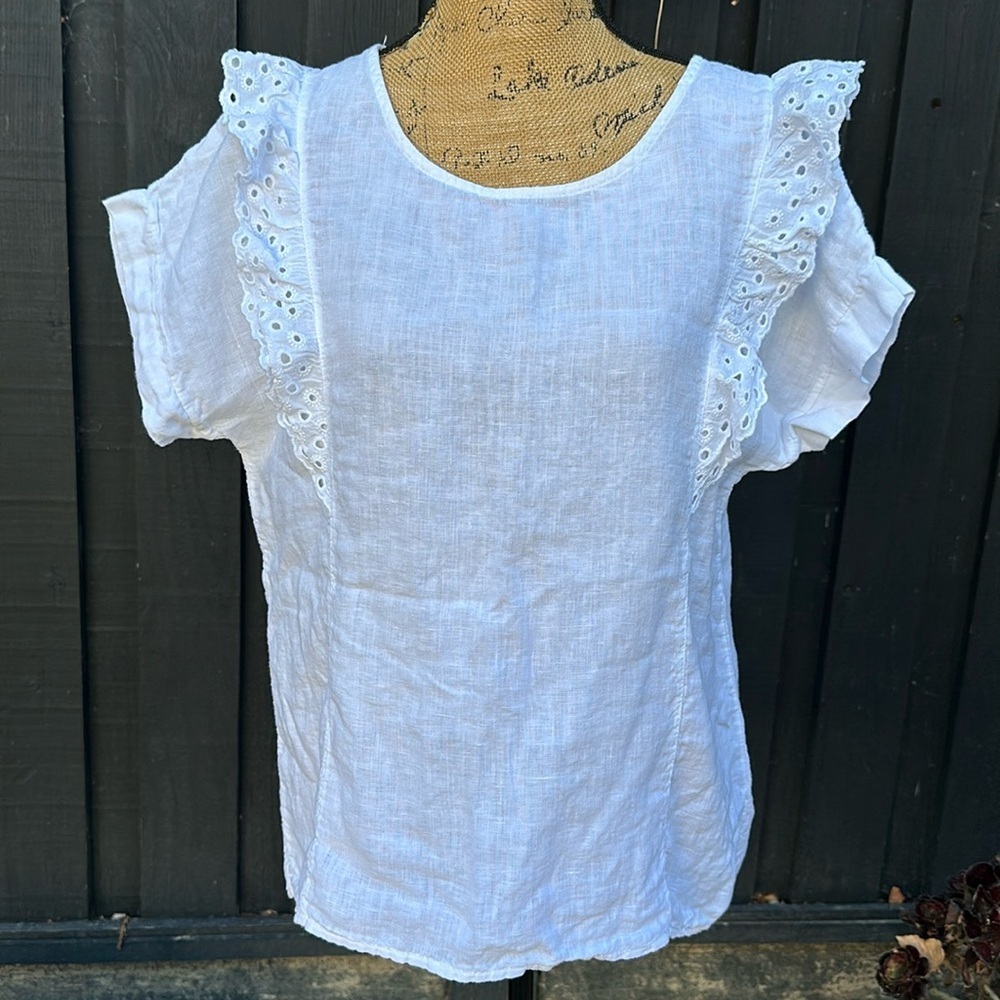 Terzo Millennio medium white linen top made in Italy 🇮🇹 eyelet shirt ruffle - Picture 2 of 8